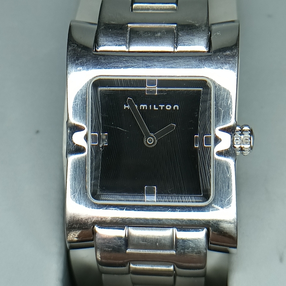 X Hamilton Ladies Quartz watch Textured black dial Curved Cut Crystal Silver . - Picture 2 of 13